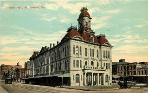 c1910 Postcard; Old City Hall, St. Joseph MO Buchanan Co. Trolley & Horsedrawn