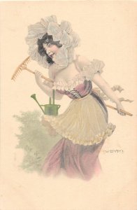H79/ Interesting Postcard Comic Watering Can Garden c1910 Artist Signed 145