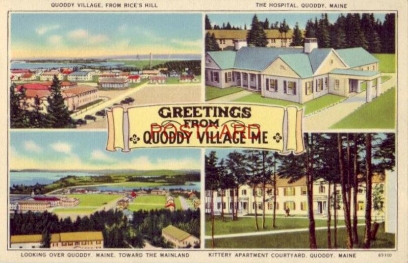 GREETINGS FROM QUODDY VILLAGE, ME. four views incl. the Hospital & Kittery Apts.