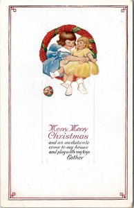 Christmas Greetings Darling Girls on Wreath Postcard Y16