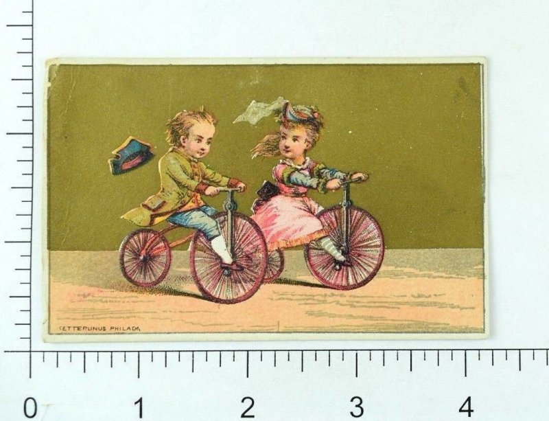 1870's-1880's Victorian Trade Card Girl & Boy Tricycle Racing P82 