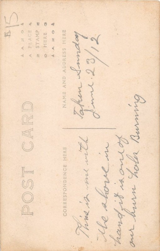 H94/ Occupational RPPC Postcard c1910 Giant Fire Burn Holes Men 154