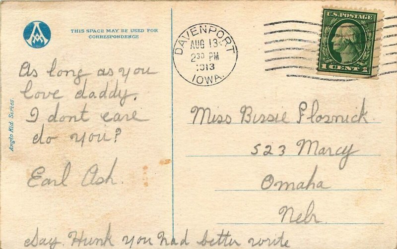 DAVENPORT IA DUTCH GIRL DONT CARE SO LONG DAT YOU LOF ME POSTCARD c1910