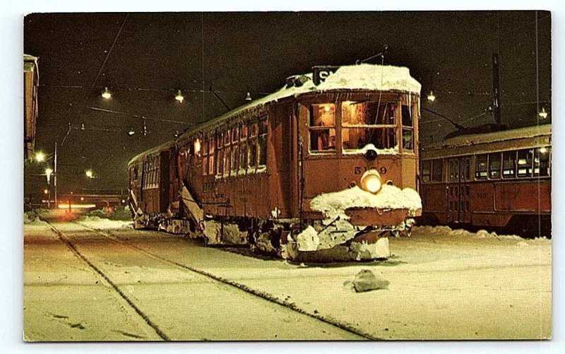 BOSTON, MA Massachusetts~ 1969 ~ RAILROAD TROLLEY CARS in Snow at Night Postcard