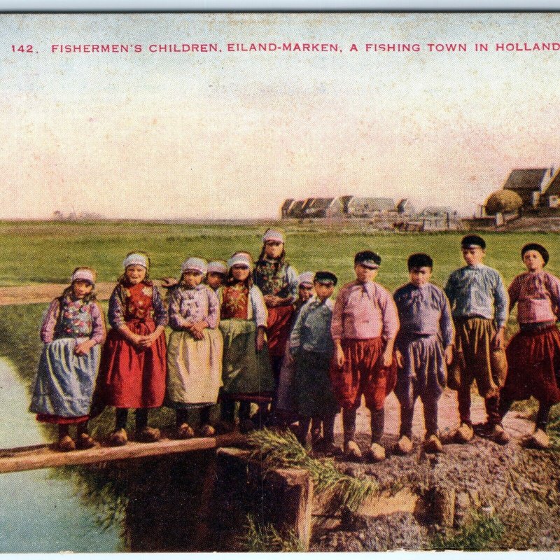 c1900s Eiland-Marken, Holland Fishing Town Children Litho Photo Postcard A82