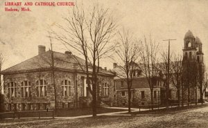 Circa 1910 Library & Catholic Church, Hudson, Michigan Vintage Postcard P12