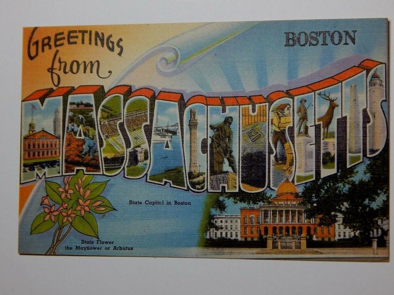 Vintage 1940s GREETINGS FROM MASSACHUSETTS Large Letters Postcard