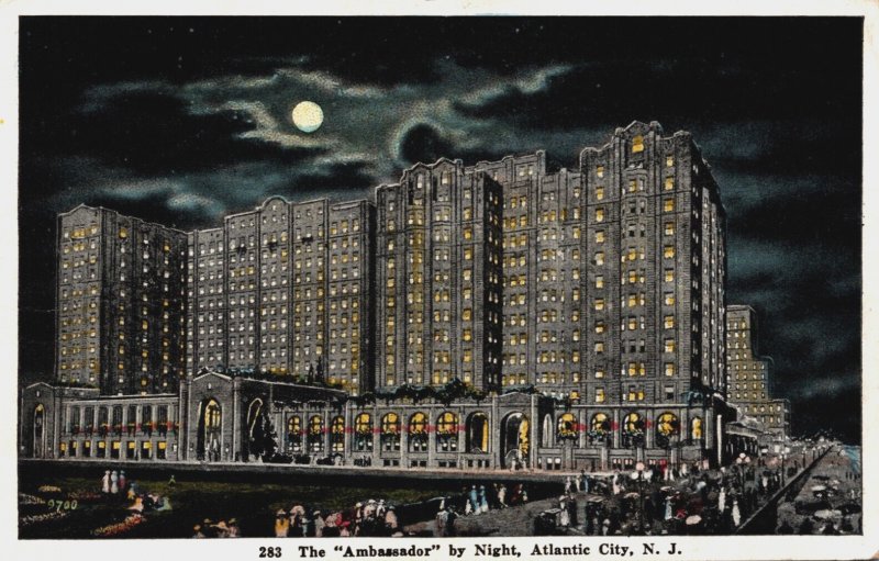 USA New Jersey Atlantic City The Ambassador by Night Vintage Postcard C279