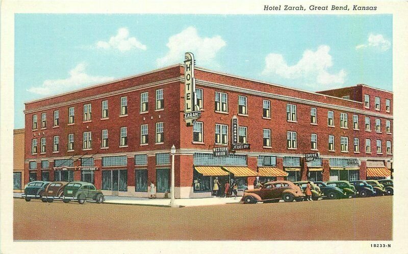 Automobiles Hotel Zarah Great Bend Kansas Postcard Teich 20-1579