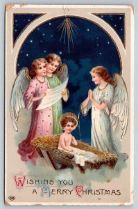 Nativity Scene, Angels, Baby Jesus In Manger, 1914 Christmas EAS Postcard