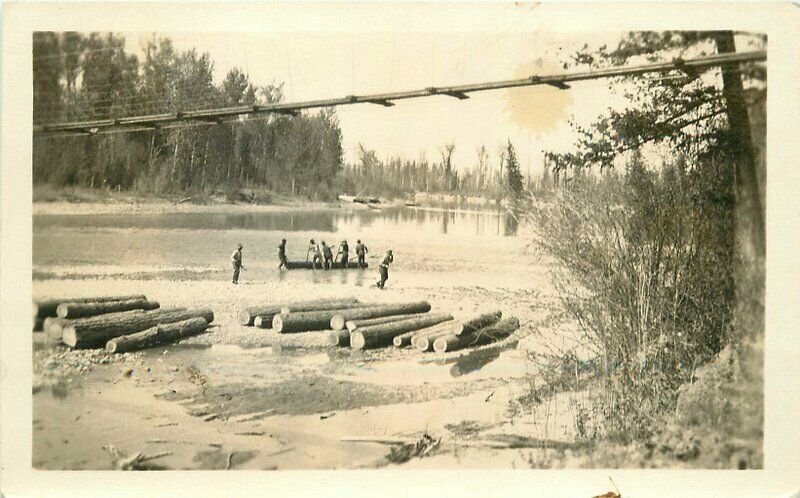 1920s Logging Lumber Jacks log rolling River Swing Bridge PC Photo Postcard 8741