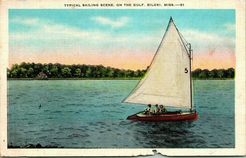 Vtg Linen Postcard - Typical Sailing Scene on the Gulf - Biloxi Mississippi Unp