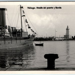 c1930s Malaga, Spain Port Steamship RPPC La Farola Lighthouse Photo Alsina A150