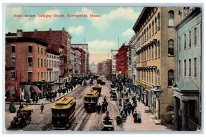 Main Street Looking South Springfield Massachusetts MA, Cars Trolley Postcard