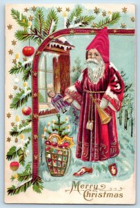 Christmas Postcard Santa Claus Old World Putting Toys On Window Winter Embossed