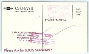 Postcard 1963 Chevrolet Chevy II 300 4 Door Sedan Park Slope Dealership NY B36