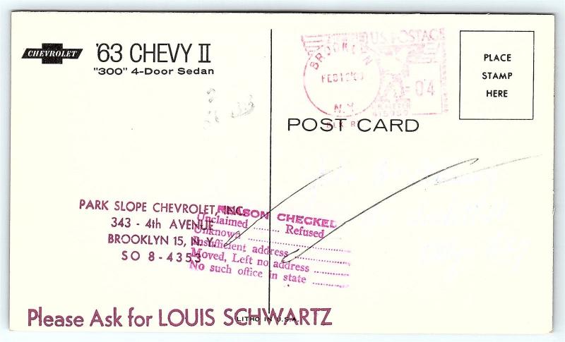 Postcard 1963 Chevrolet Chevy II 300 4 Door Sedan Park Slope Dealership NY B36