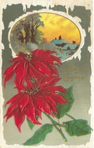 1910 Christmas Postcard Poinsettia, Snow Scene Insert, Snowy Border, Kinzie Stn.