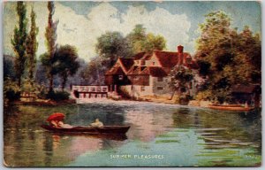 Summer Pleasures, 1912 Romantic Couple Boat, Lake, Vacation, Art, Postcard