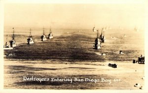 WW2 Era, Real Photo, RPPC, San Diego CA, Destroyers Entering Bay, Old Postcard