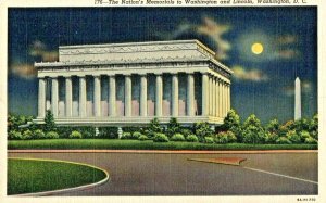 Vintage Postcard Curt Teich Washington Lincoln Memorial at Night Beautiful Moon