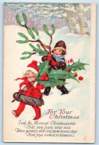 c1910's Christmas Children With Holly Berries Mistletoe Winter Scene Postcard