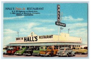 c1950's Hall's Drive In Restaurant Cars Fresno California CA Vintage Postcard 