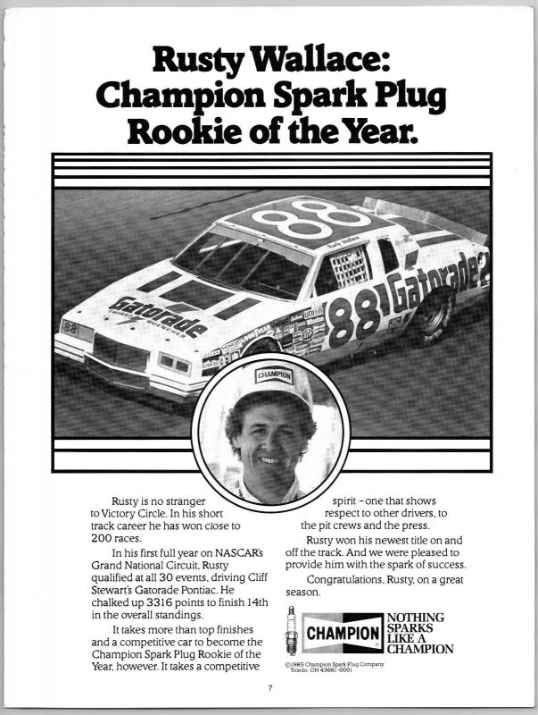 1985 Rusty Wallace Champion Spark Plug Rookie Of the Year  Print Ad N1