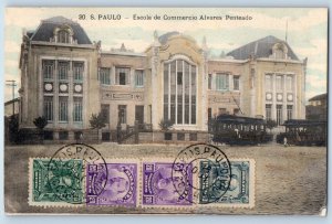 São Paulo Brazil Postcard Alvares Penteado School of Commerce 1910 Posted