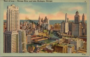 View of Loop Chicsgo River & Lake Michigan Chicago IL Postcard PC302