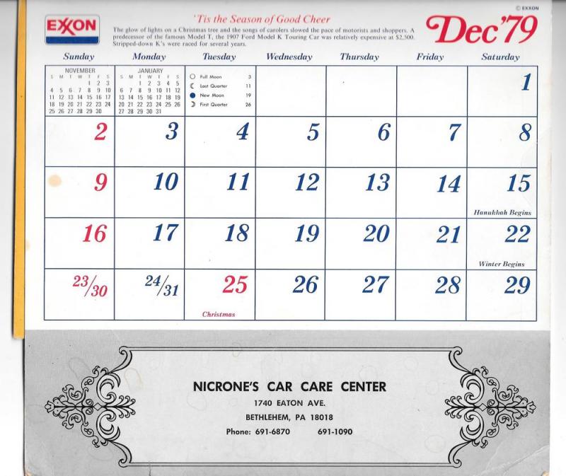 Bethlehem PA Nicrones Car Care Center 1979 Calendar American