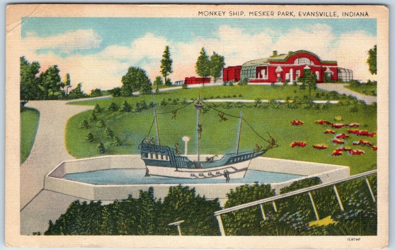 c1940s Evansville, IN Monkey Ship Mesker Park Art Tone Glo-Var Linen Ind PC A252