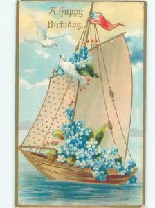 c1910 Patriotic USA FLAG ON BOAT WITH FORGET-ME-NOT FLOWERS AC4914