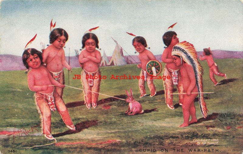 3 Postcards, H.M. Pollock, Native American Indians, Cupid on Warpath, Canoeing