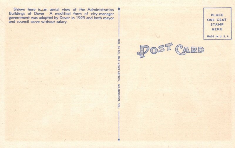 Vintage Postcard Aerial View Administration Buildings Dover Delaware Del Mar New