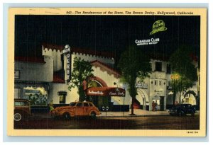 c.1930 Brown Derby Vine Street Signs Cars Hollywood, CA. Postcard F65
