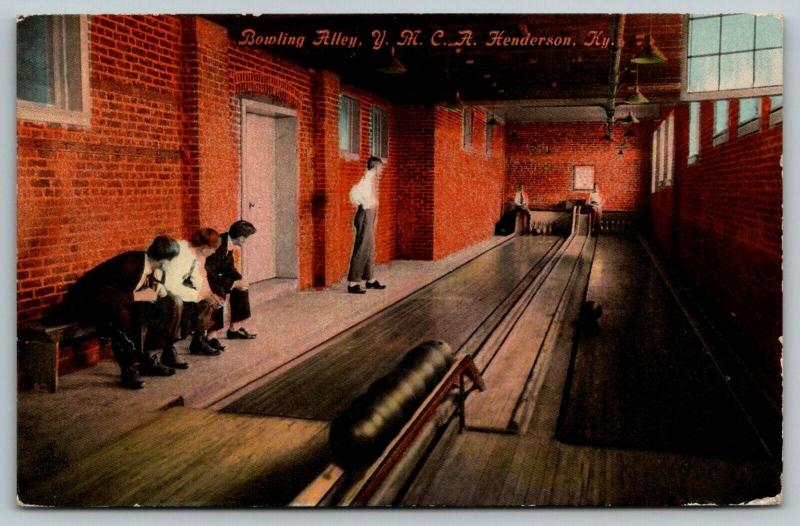 Henderson Kentucky~2 Lane YMCA Bowling Alley Interior~Fellows Set Up Pins~1912 