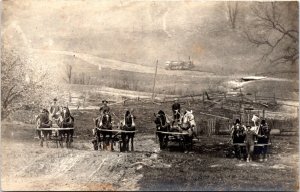 postcard rppc Four Horse plows across road/field, location unknown