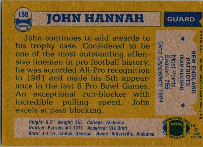 1982 Topps Football Card Steve John Hannah All Pro New England Patriots sk9014