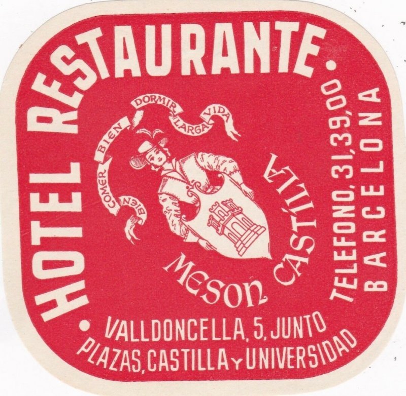 Spain Barcelona Hotel Restaurante Meson Castilla Luggage Label sk4544