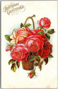 Birthday Greetings Red Roses Flowers In Basket Postcard 
