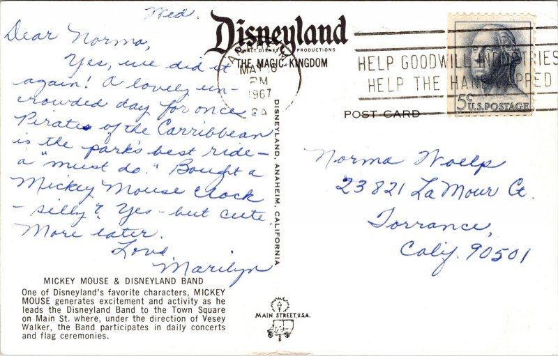 Disneyland Postcard Mickey Mouse Leading Band on Main Street~134845