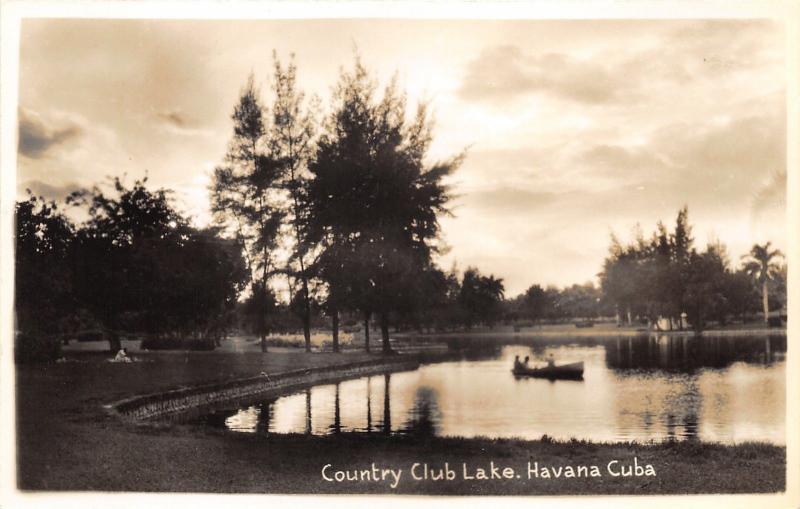 Havana Cuba~Country Club Lake~People in Boat on Water~1930s RPPC Postcard