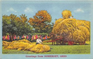 Somerset Ohio 1940s Greetings Postcard Farmer Haystacks