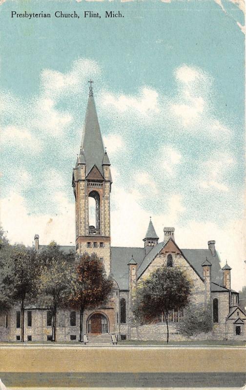 Flint Michigan~Presbyterian Church~Stone Bldg~Bell in Steeple~1910 Postcard