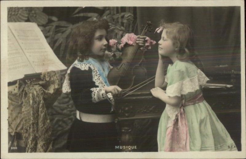 Beautiful Children w/ Violin & Sheet Music c1900 Tinted Real Photo Postcard