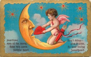 Embossed Valentine 328 Cupid Gives Heartless Man in the Moon a Warm Loving Heart