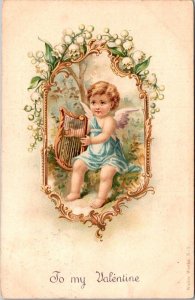 Be My Valentine Cupid Playing Gold Harp 1905