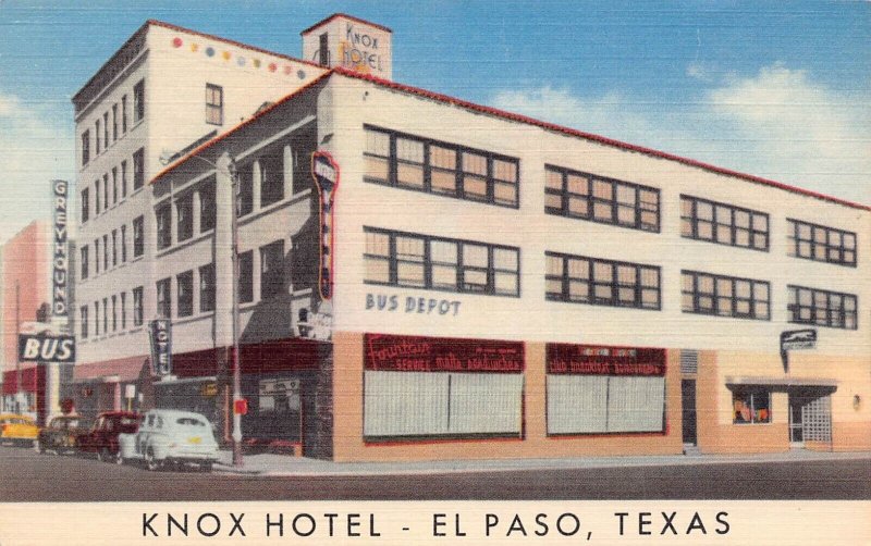 EL PASO TEXAS~KNOX HOTEL-GREYHOUND BUS STATION~1940s POSTCARD