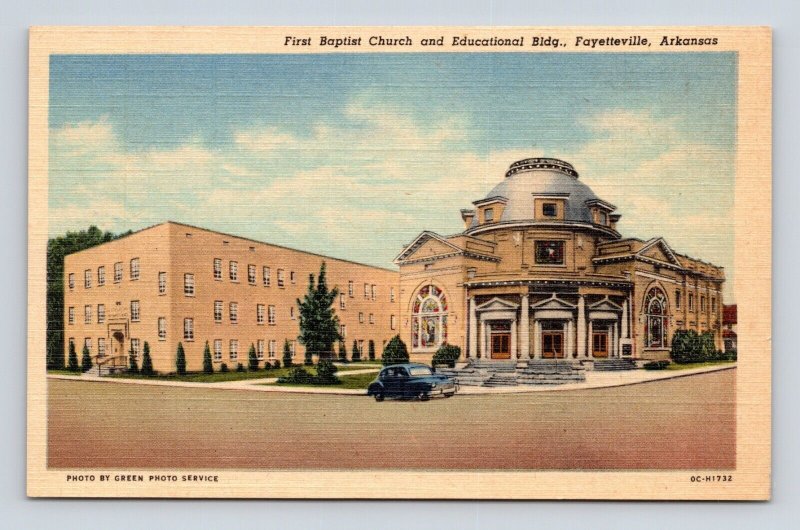 First Baptist Church Street View Fayetteville Arkansas AR UNP Linen Postcard B15